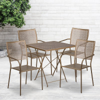 Flash Furniture CO-28SQF-02CHR4-GD-GG 28" Square Steel Folding Patio Table Set with 4 Square Back Chairs in Gold